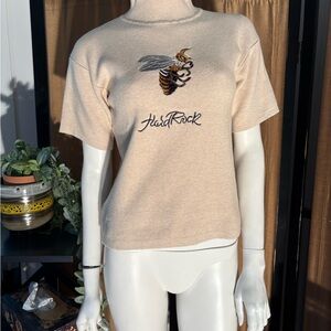Hard Rock Beige Short Sleeve Sweater with Bee Embroidery